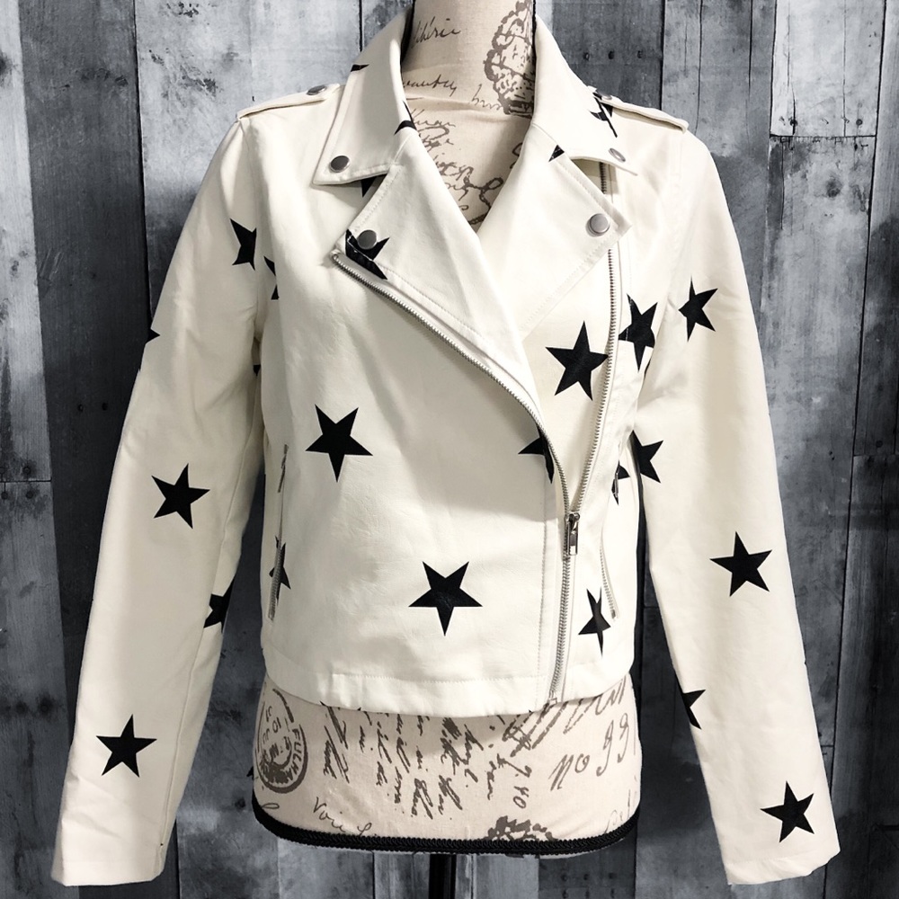 Le Lis faux leather star Moto jacket small white